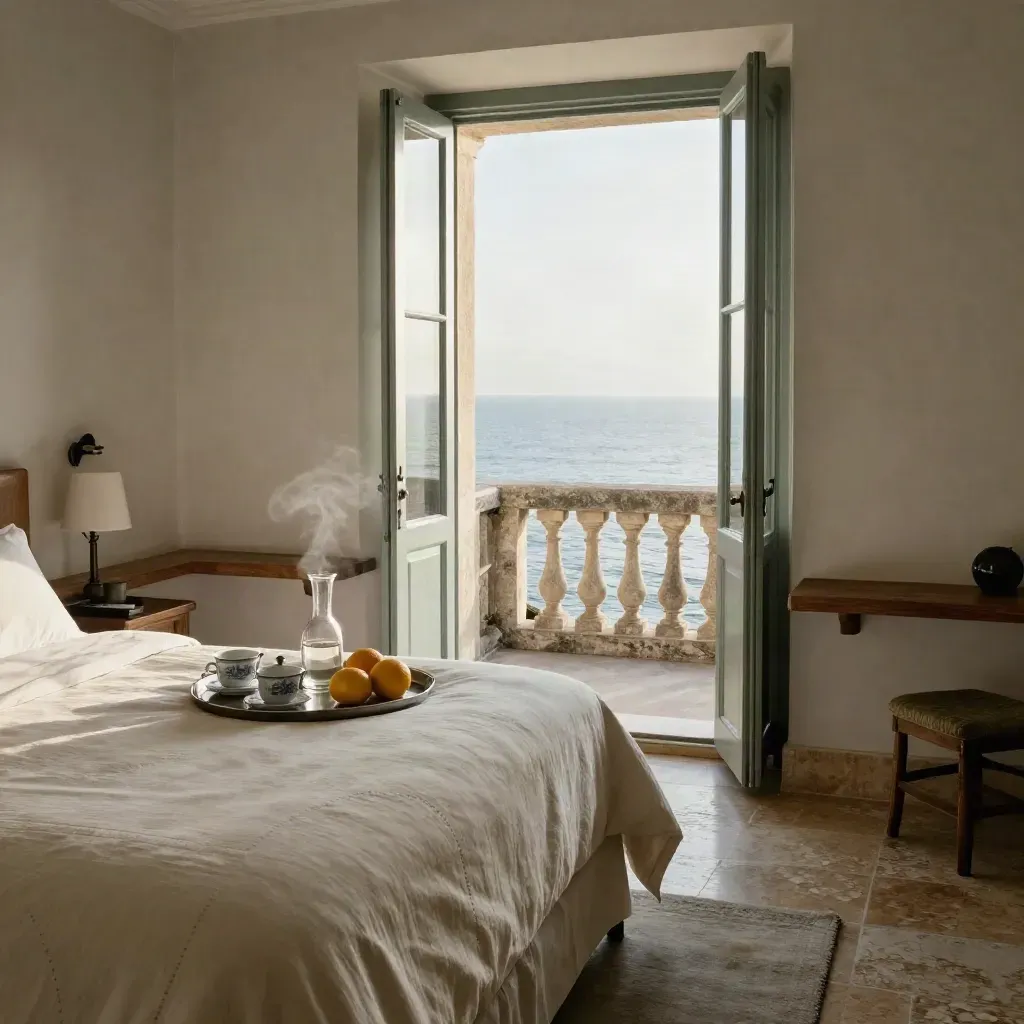Suite d'hotel sul mare con letto in lino, vassoio colazione e balcone vista mare