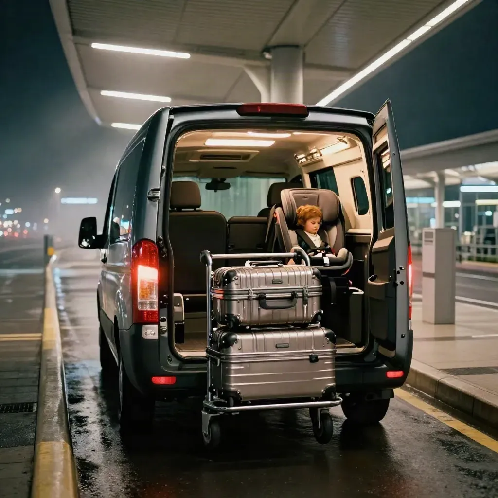 Van premium per transfer aeroporto sotto il terminal, con trolley e seggiolino.