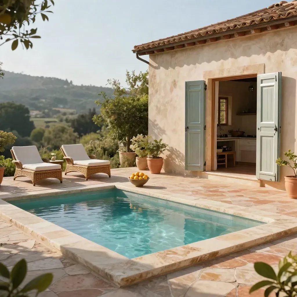 Cortile di villa siciliana con piscina tuffo, sdraio in vimini, agrumi e persiane aperte.