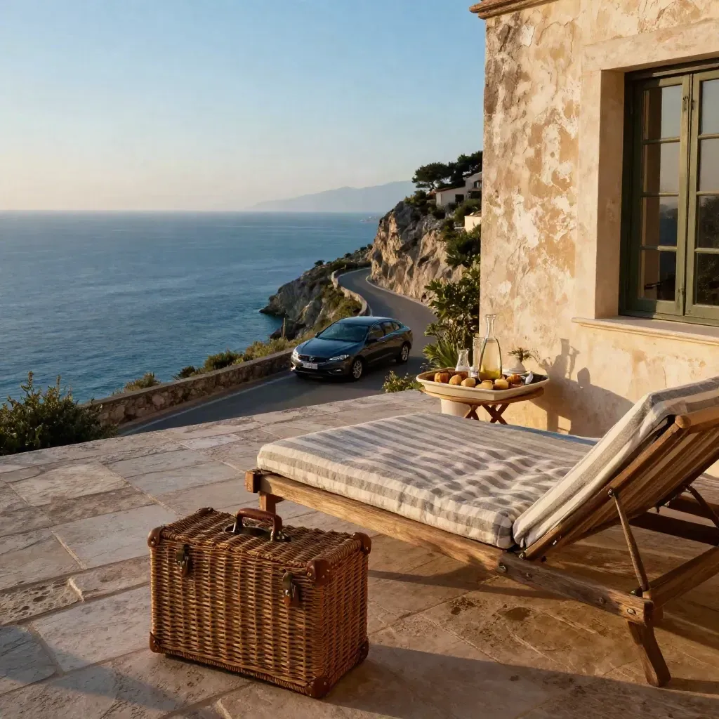 Terrazza di villa sul mare in Sicilia con daybed, valigia e auto transfer al tramonto