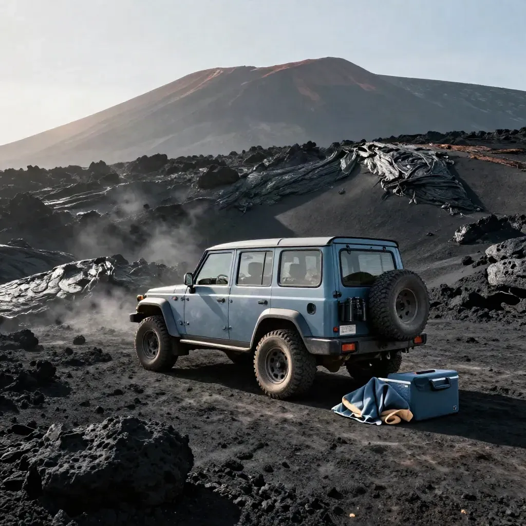 Fuoristrada sull’Etna con borsa binocolo, frigo e coperta su lava nera