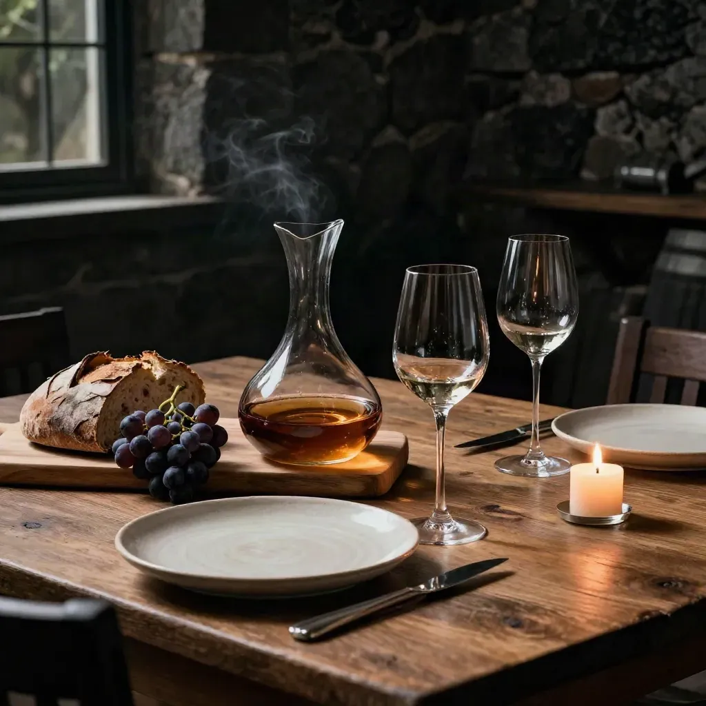 Tavola rustica in cantina con decanter, uva, pane, bicchieri e piatti in ceramica.
