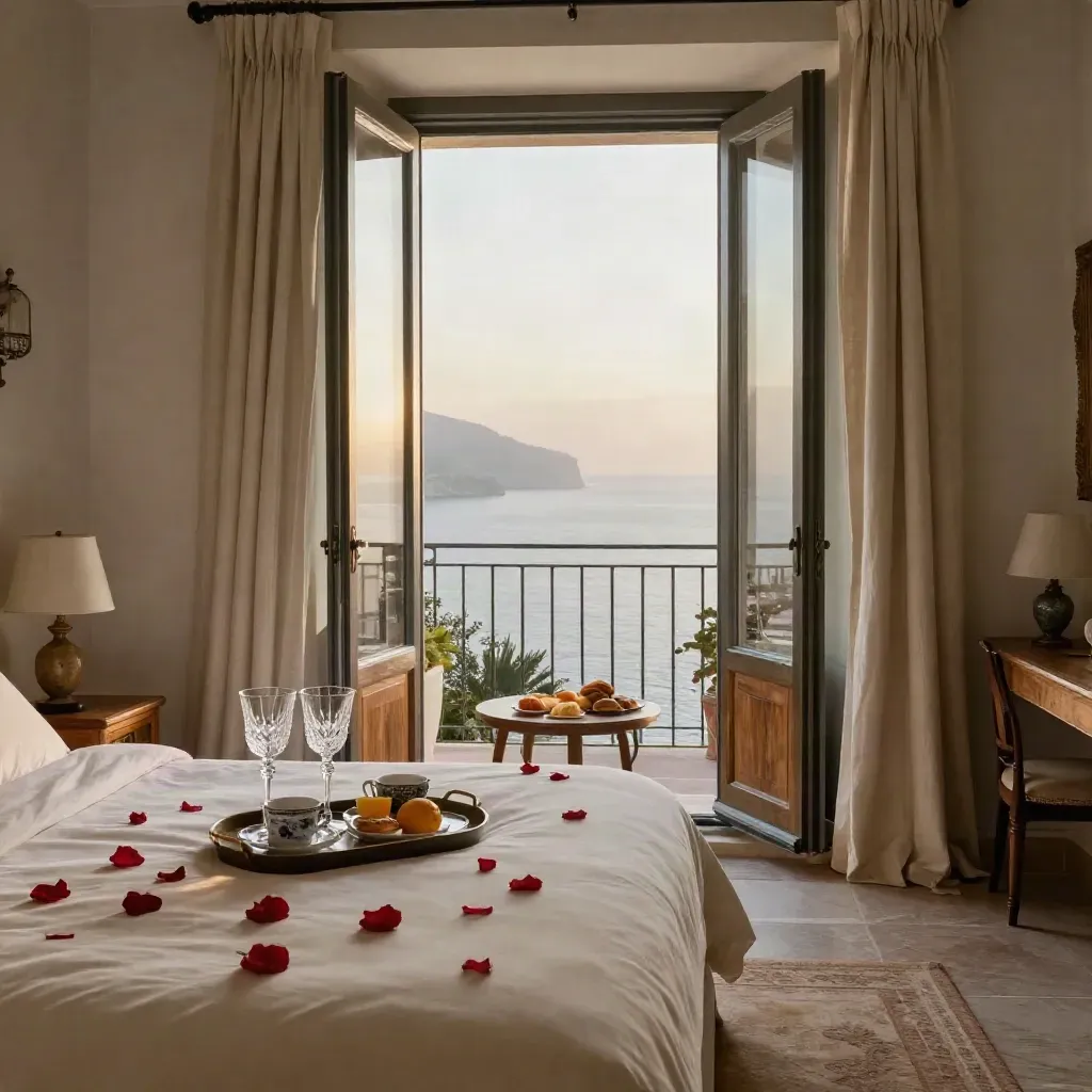 Suite di luna di miele con petali, flute vuoti e mare all’alba dalla terrazza.
