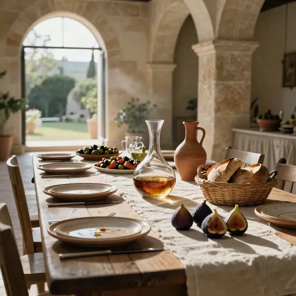 Tavolata in masseria a Noto con vino, pane, fichi e piatti in ceramica sotto gli archi.