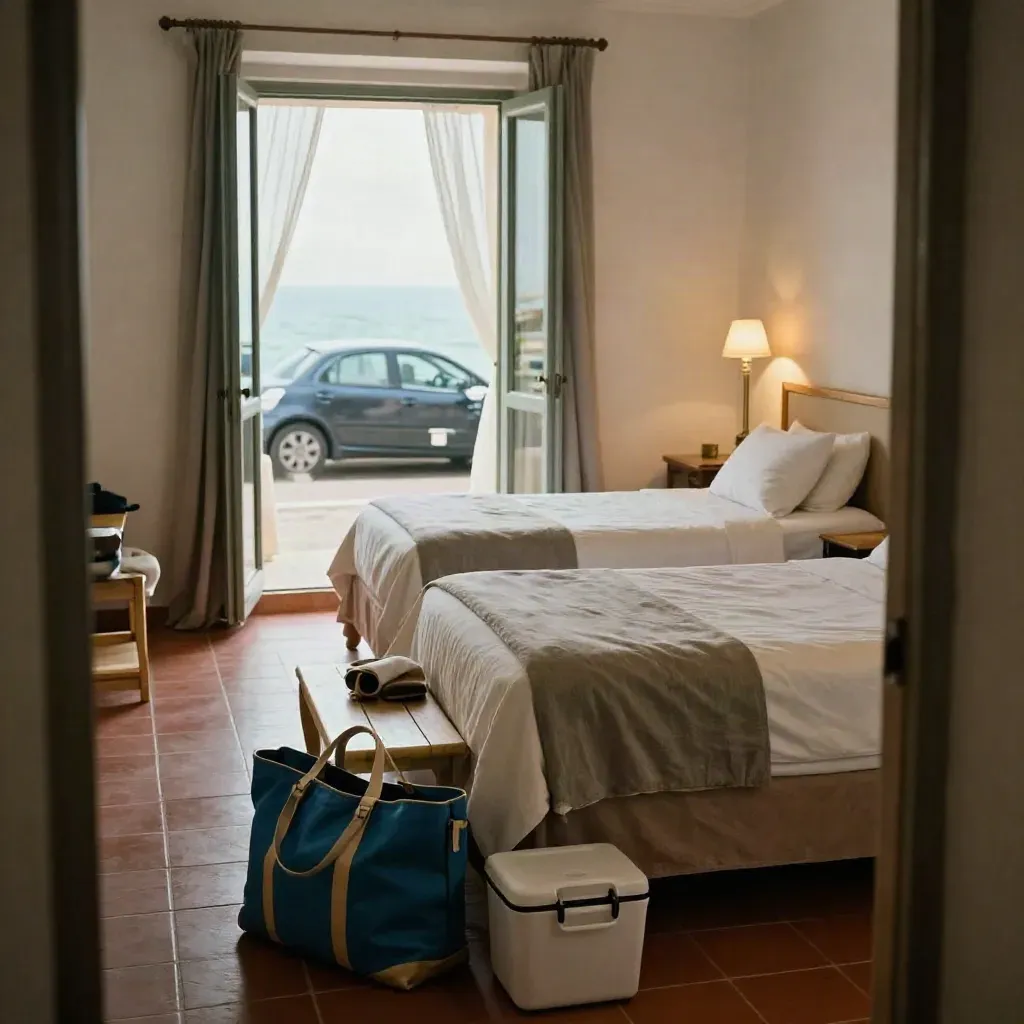 Camera d’hotel familiare con due letti, borse da spiaggia, frigo portatile e auto fuori.