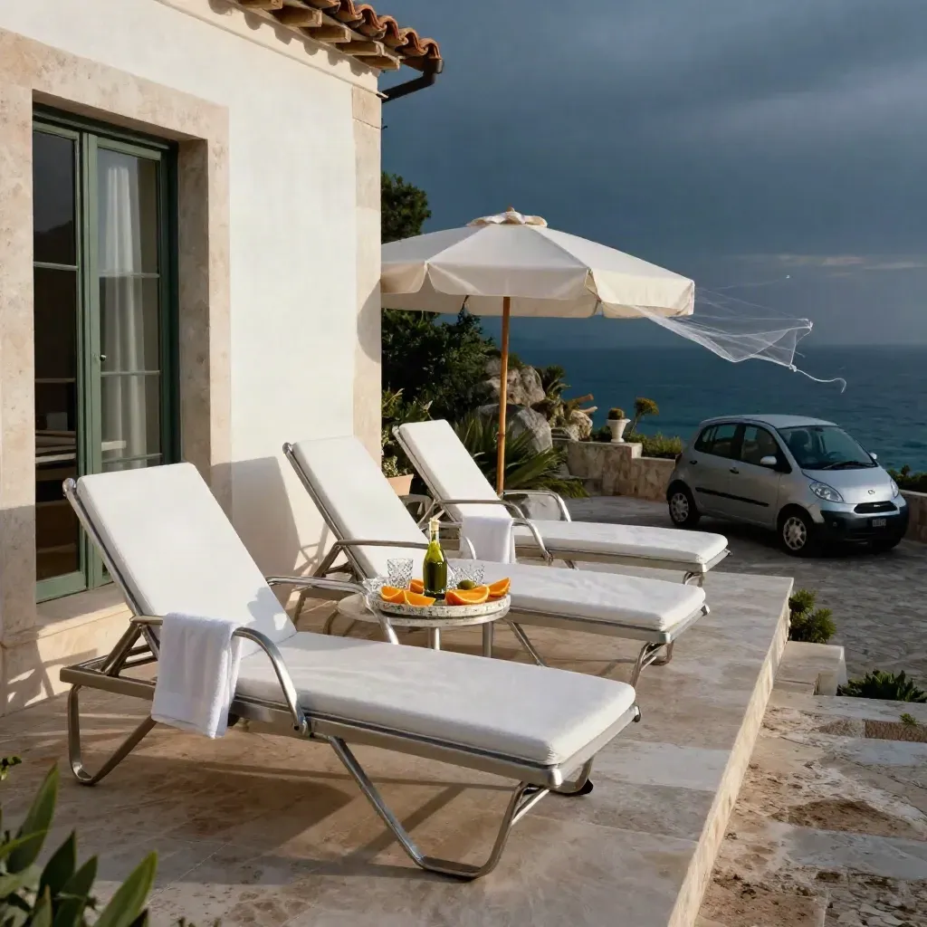 Villa siciliana pronta per un piccolo gruppo con lettini, vassoio aperitivo e auto nel vialetto.