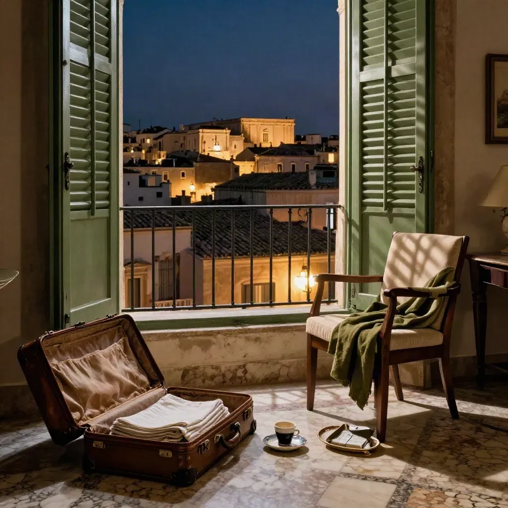 Suite palermitana in un palazzo storico, valigia aperta e persiane socchiuse sul bagliore dei tetti.