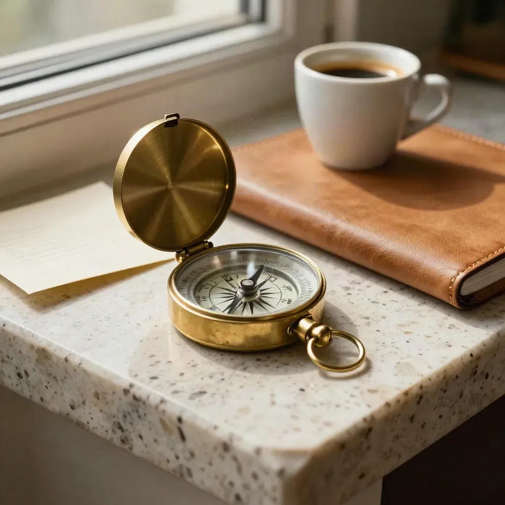 Bussola in ottone, tazza di espresso e taccuino su travertino per un itinerario di viaggio.