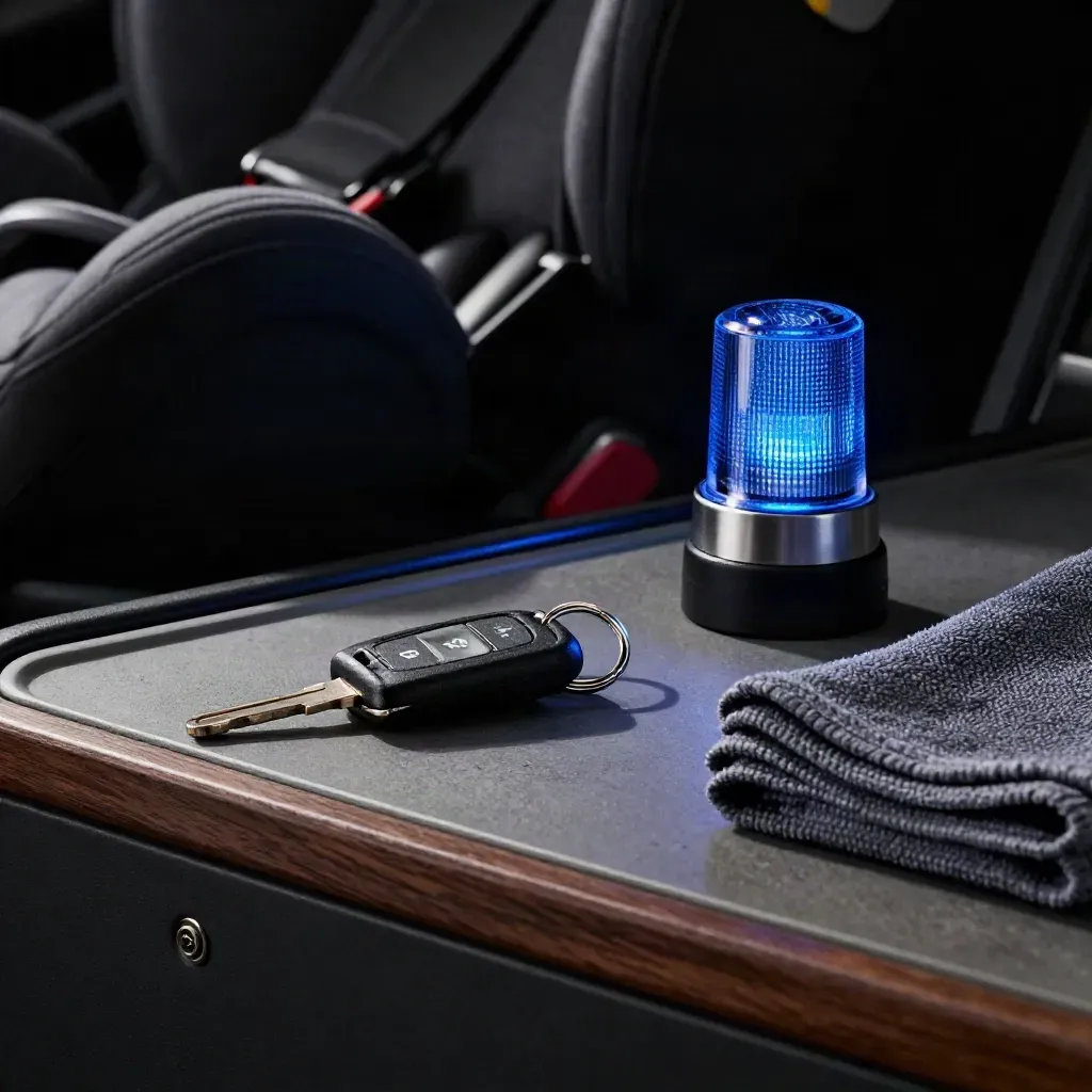 Chiavi auto nere, latch seggiolino, beacon blu e panno in microfibra su console scura.