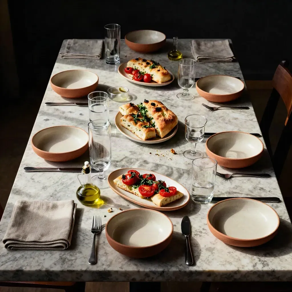 Tavola siciliana dall’alto con ciotole in ceramica, caraffe d’acqua, focaccia e tovaglioli di lino.