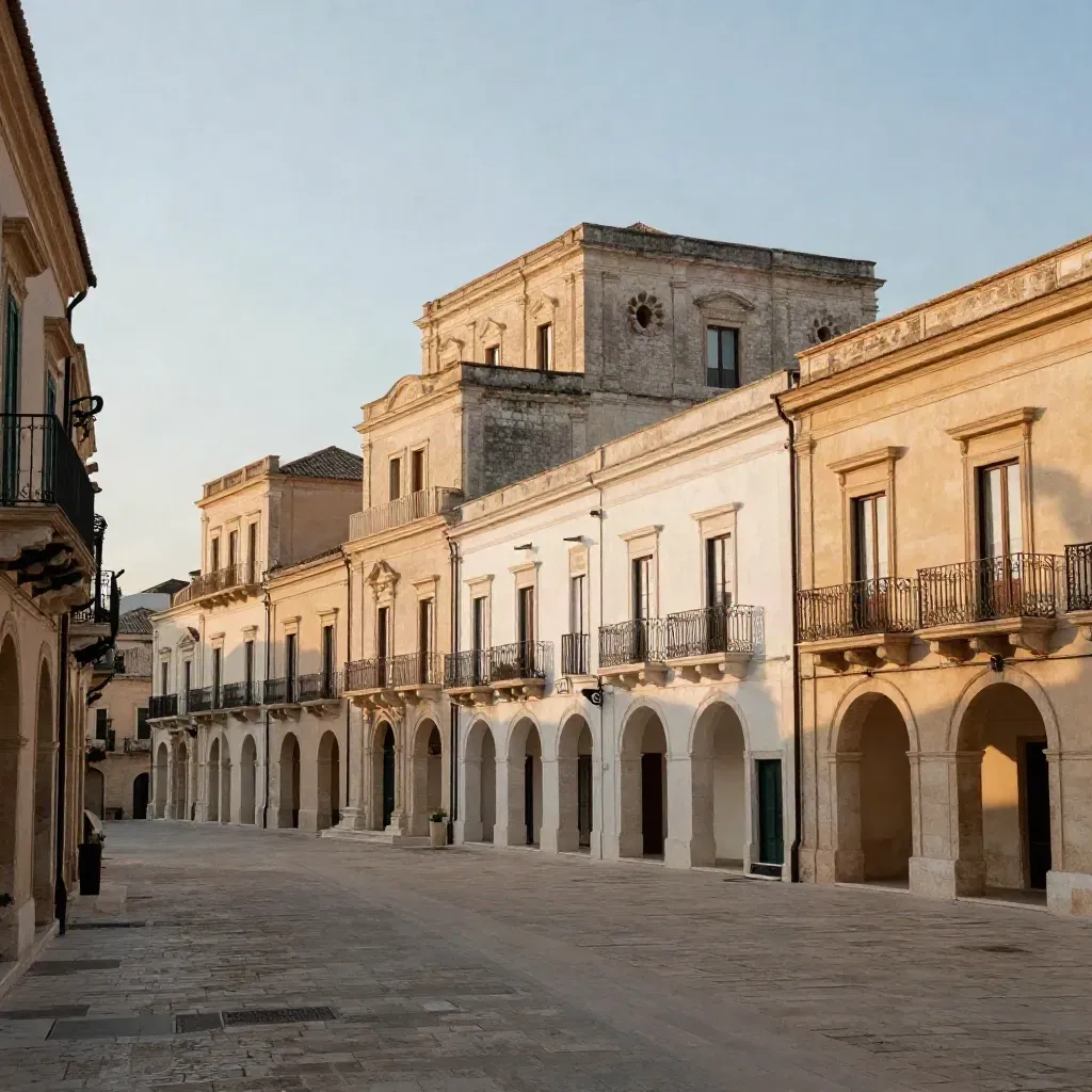 Skyline barocca di Noto con piazza tranquilla e luce calda del mattino