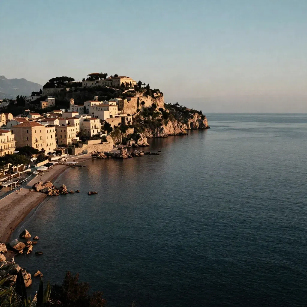 Taormina e Isola Bella all’alba, mare calmo e costa dorata in controluce