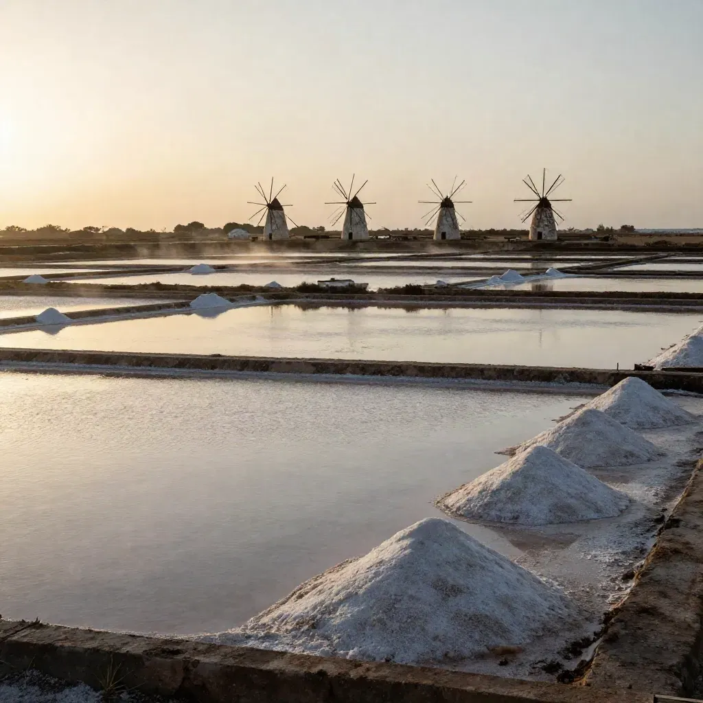 Saline della Sicilia occidentale al tramonto, con mulini a vento e acqua specchiata.