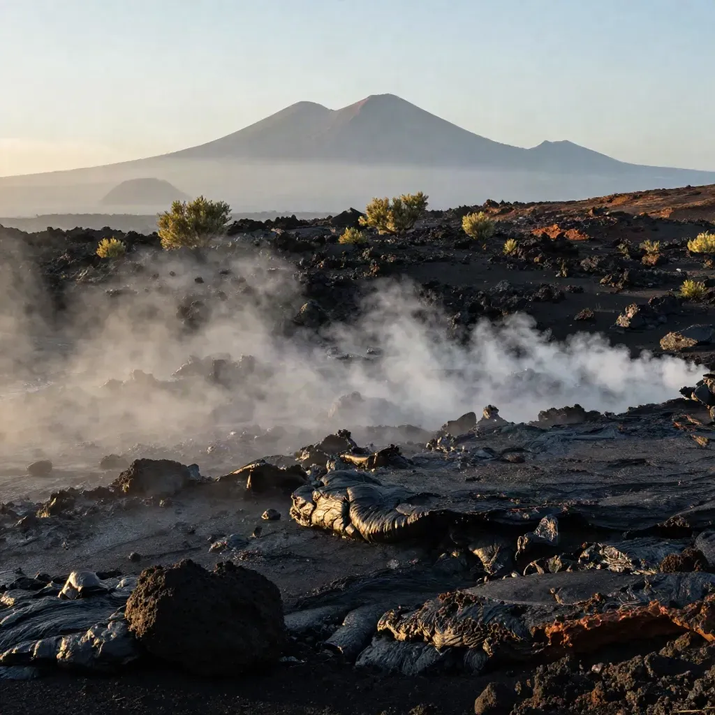 Pendio lavico dell’Etna con isole lontane e foschia, spazio calmo per il testo.
